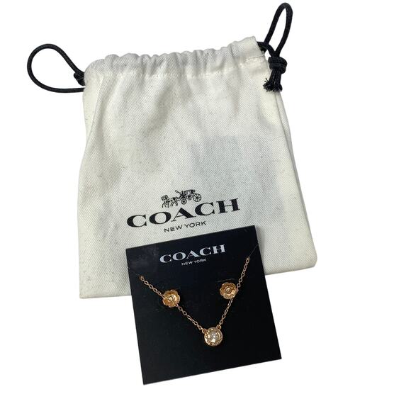 Coach Necklace + Floral Earring Jewelry Set Rose Gold Tone Metal NEW